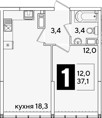 2-комн., 37.1 м², 15/16 этаж, ЖК «Самолет»