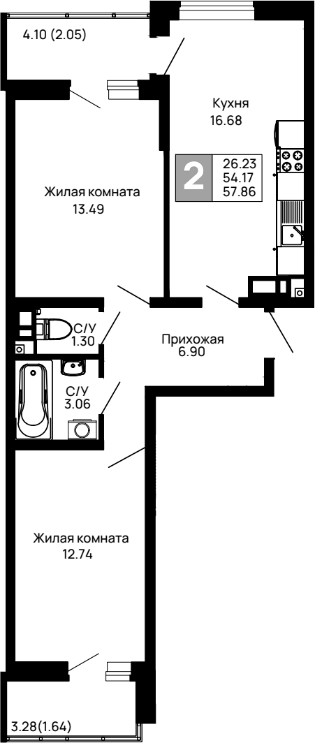 2-комн., 54.17 м², 14/14 этаж, ЖК «Долина»