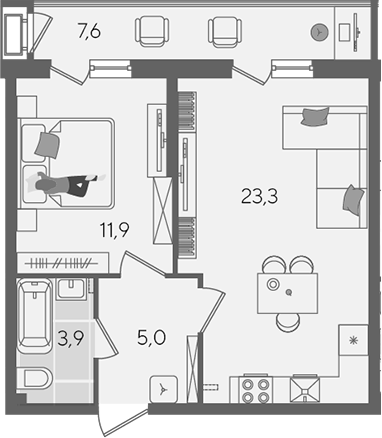 2-комн., 44.1 м², 2/24 этаж, ЖК «Рекорд»