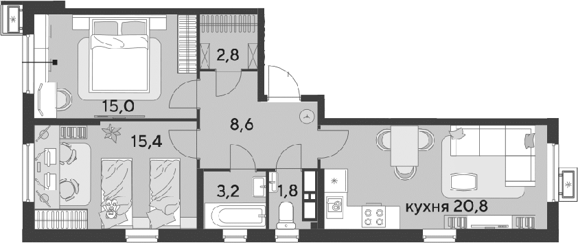 3-комн., 67.6 м², 15/18 этаж, ЖК «Парк Победы»