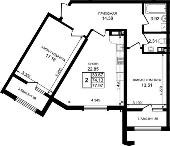 2-комн., 74.13 м², 6/8 этаж, ЖК «Резиденция морей»