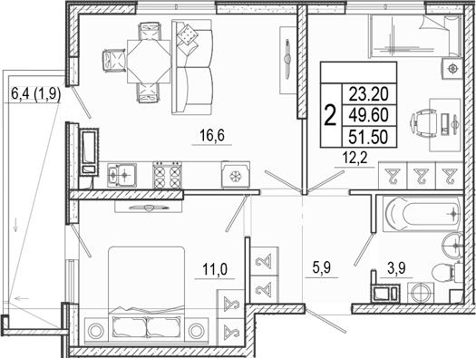 3-комн., 49.6 м², 5/15 этаж, ЖК «Лестория»