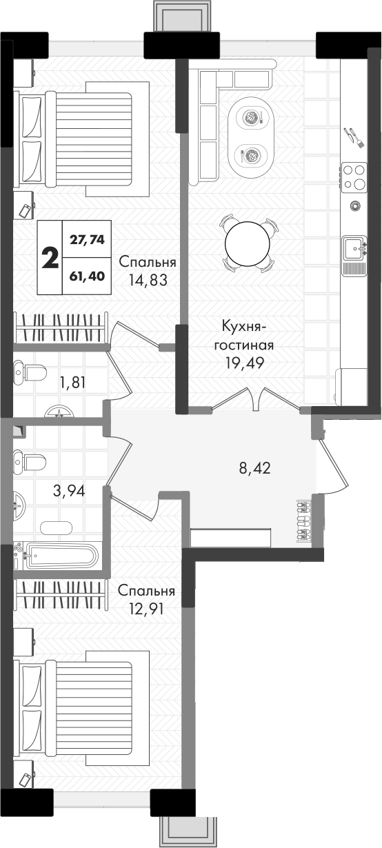 3-комн., 61.4 м², 2/9 этаж, ЖК «Зеленая территория»