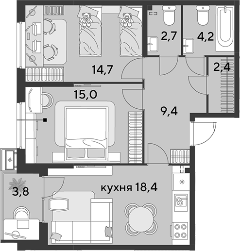 Продается 3-комн. квартира, 66.8 м²
