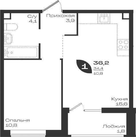 Продается 1-комн. квартира, 34.4 м²