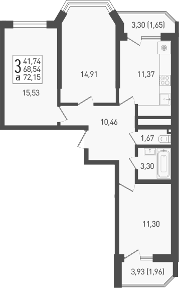 3-комн., 70.2 м², 4/22 этаж, ЖК «ЖК «Кубанская Крепость»»