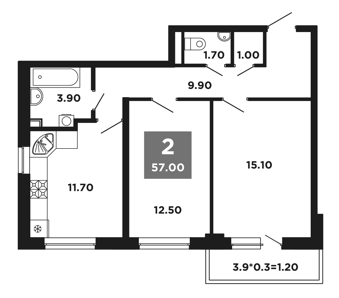 2-комн., 55.8 м², 2/9 этаж, ЖК «НЕО-квартал Красная площадь»