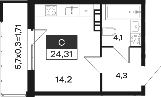 Студия, 22.6 м², 3/4 этаж, ЖК «Новая Елизаветка»