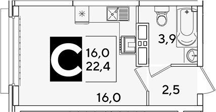 Студия, 22.4 м², 10/16 этаж, ЖК «Самолет»