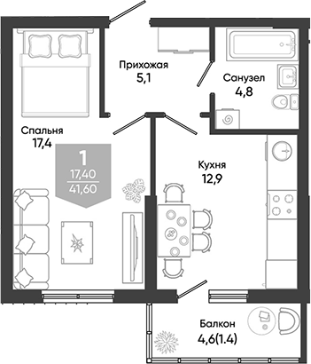 1-комн., 40.2 м², 1/24 этаж, ЖК «Облака»