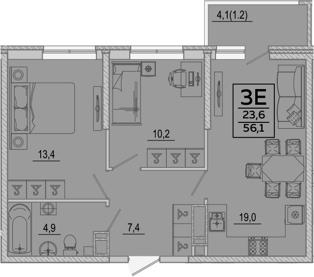 3-комн., 54.9 м², 22/24 этаж, ЖК «Улыбка»