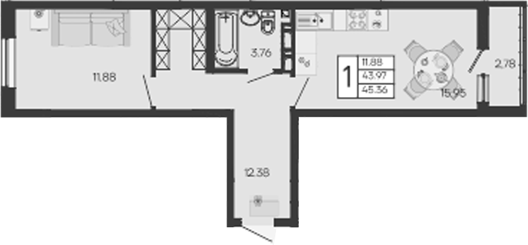 1-комн., 43.97 м², 9/9 этаж, ЖК «Дом 101»