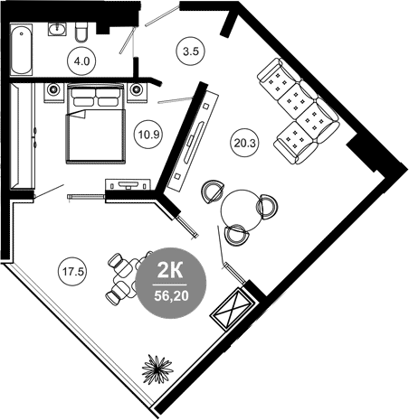 2-комн., 38.7 м², 5/10 этаж, ЖК «Гостиничный комплекс GREENMONT»