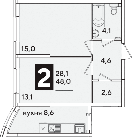 2-комн., 48 м², 1/16 этаж, ЖК «Самолет»