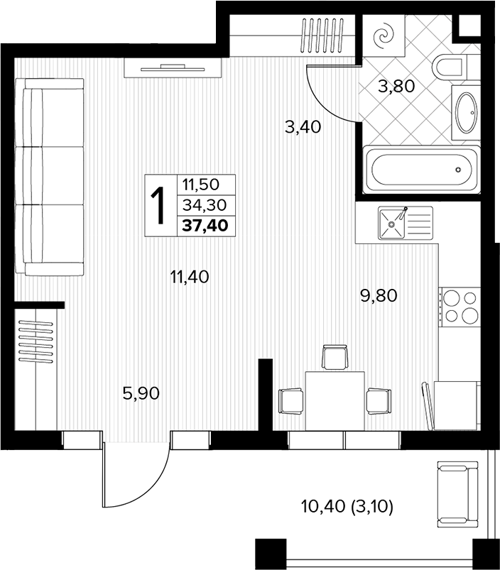 Продается 1-комн. квартира, 34.3 м²