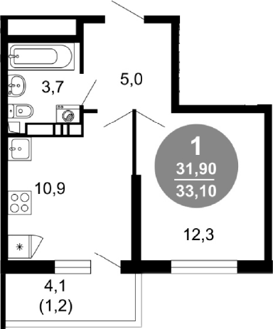 1-комн., 31.9 м², 2/17 этаж, ЖК «Лестория»