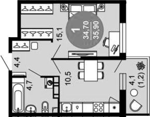 1-комн., 34.7 м², 4/12 этаж, ЖК «Флора»