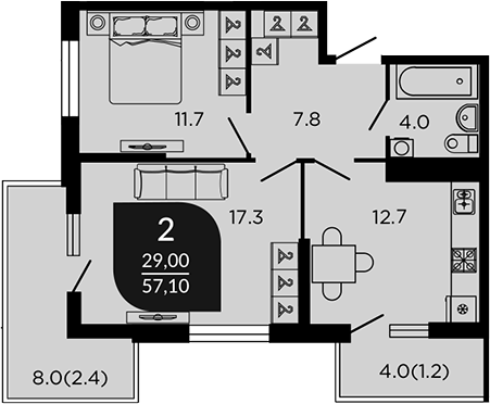 2-комн., 55.15 м², 9/22 этаж, ЖК «Отражение. Дарстрой»