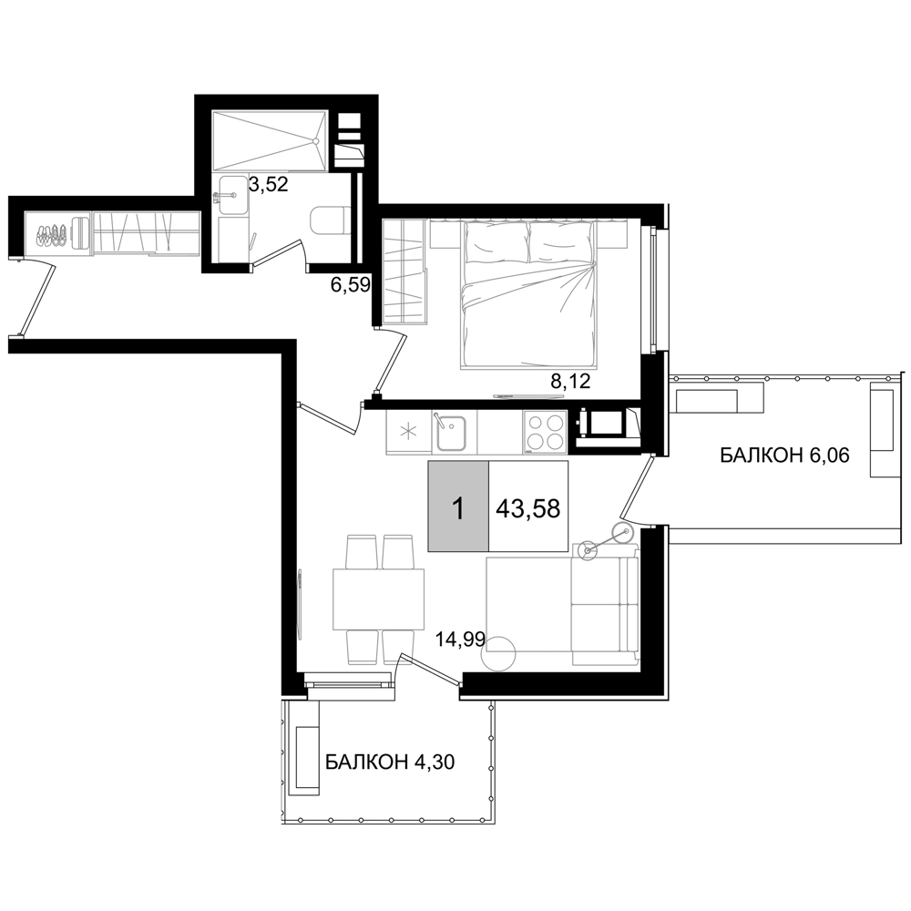 2-комн., 33.22 м², 6/8 этаж, ЖК «IT гостиничный комплекс Корсаков»