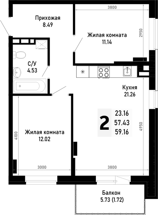 Продается 2-комн. квартира, 57.44 м²