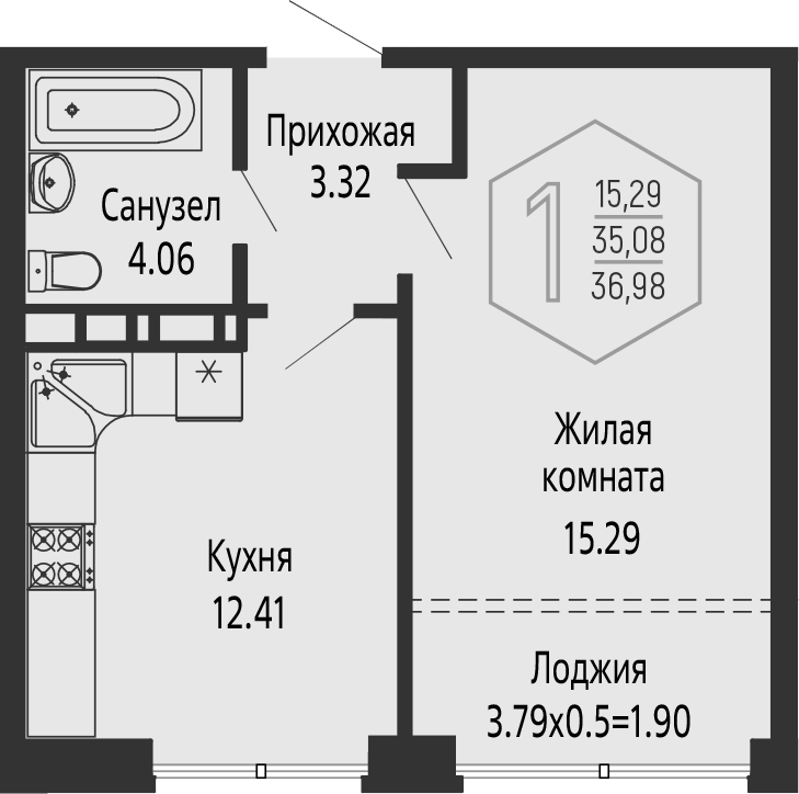 Продается 1-комн. квартира, 35.08 м²