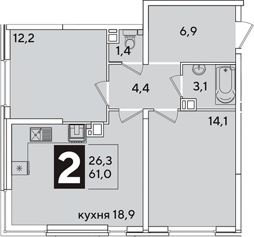 3-комн., 61 м², 4/16 этаж, ЖК «Самолет»