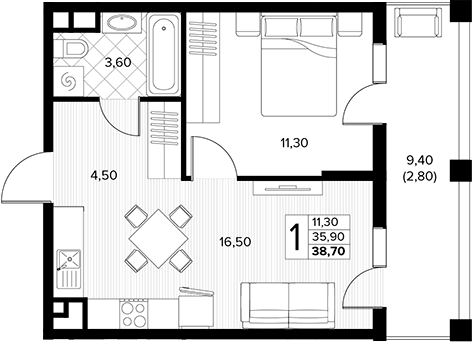 1-комн., 35.9 м², 7/7 этаж, ЖК «Кипарис»
