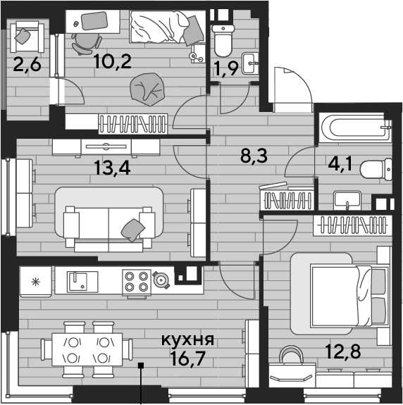 3-комн., 67.4 м², 6/16 этаж, ЖК «DОГМА ПАРК»