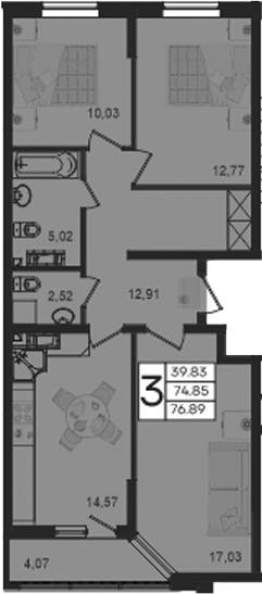3-комн., 74.85 м², 7/18 этаж, ЖК «Дом 101»