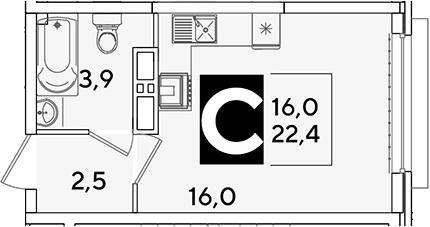 Студия, 22.4 м², 15/16 этаж, ЖК «Самолет»