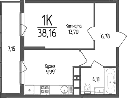 Продается 1-комн. квартира, 34.58 м²