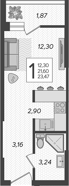 Студия, 22.43 м², 1/19 этаж, ЖК «Кислород»