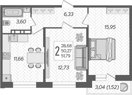 2-комн., 50.27 м², 8/12 этаж, ЖК «Смородина»
