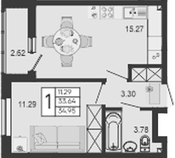 1-комн., 33.64 м², 2/9 этаж, ЖК «Дом 101»