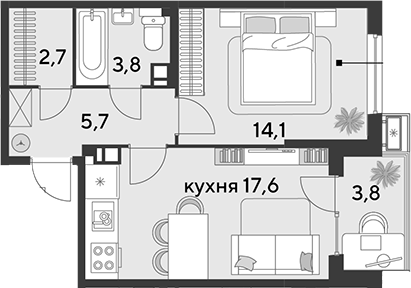 2-комн., 43.9 м², 6/9 этаж, ЖК «Парк Победы»