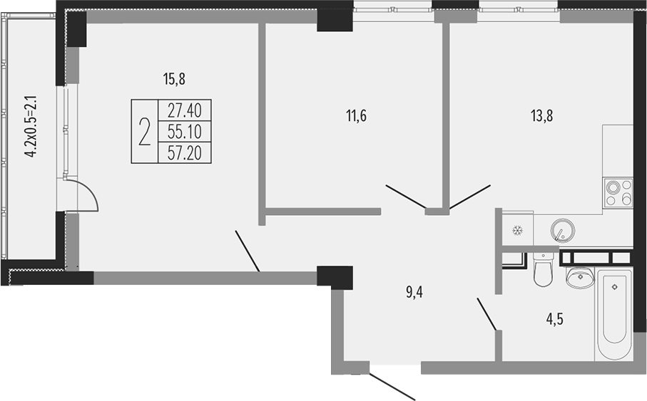 Продается 2-комн. квартира, 57.05 м²