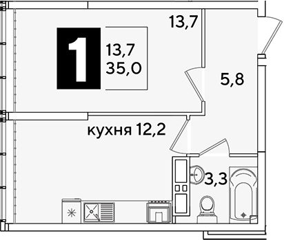 1-комн., 35 м², 15/16 этаж, ЖК «Самолет»