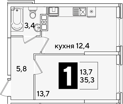 1-комн., 35.3 м², 7/16 этаж, ЖК «Самолет»