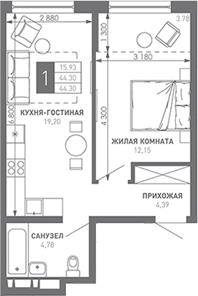 1-комн., 45.6 м², 4/9 этаж, ЖК «Иначе в Молодежном»