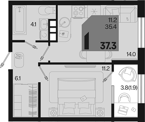 1-комн., 35.4 м², 8/9 этаж, ЖК «Первое место»