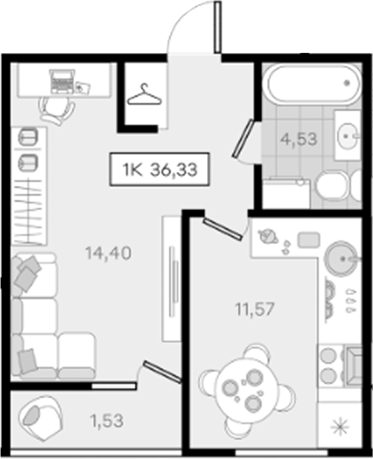 1-комн., 34.8 м², 5/8 этаж, ЖК «История 3»