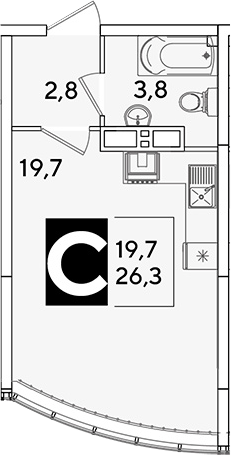Студия, 26.3 м², 15/16 этаж, ЖК «Самолет»