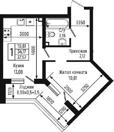 1-комн., 34.17 м², 2/9 этаж, ЖК «Ботаника Хиллс»