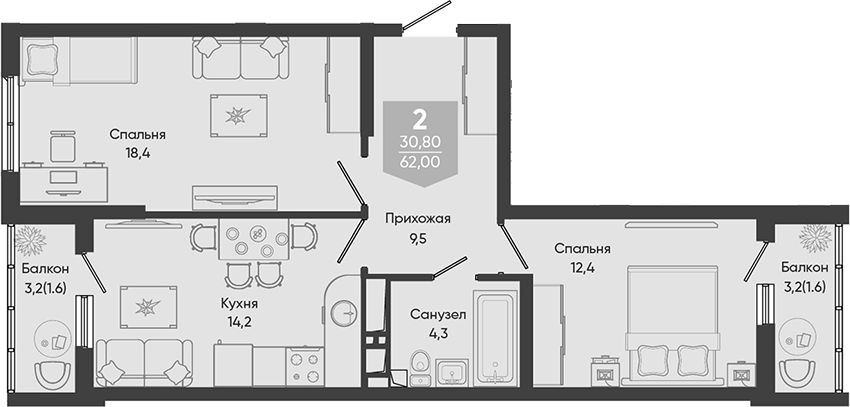 2-комн., 58.8 м², 18/24 этаж, ЖК «Облака»