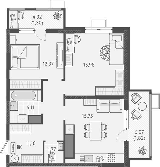 2-комн., 61.14 м², 12/18 этаж, ЖК «Теплые края»