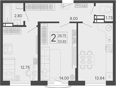 2-комн., 53.92 м², 13/17 этаж, ЖК «Светский лес»