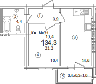1-комн., 33.3 м², 1/5 этаж, ЖК «Дарград»