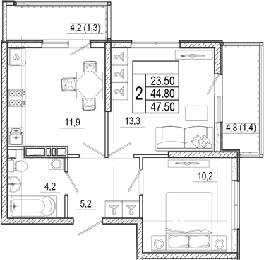 2-комн., 44.8 м², 14/17 этаж, ЖК «Лестория»