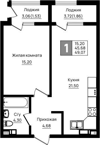1-комн., 45.68 м², 2/9 этаж, ЖК «Резиденция морей»
