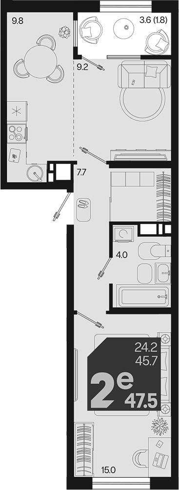 2-комн., 45.7 м², 6/18 этаж, ЖК «Первое место»